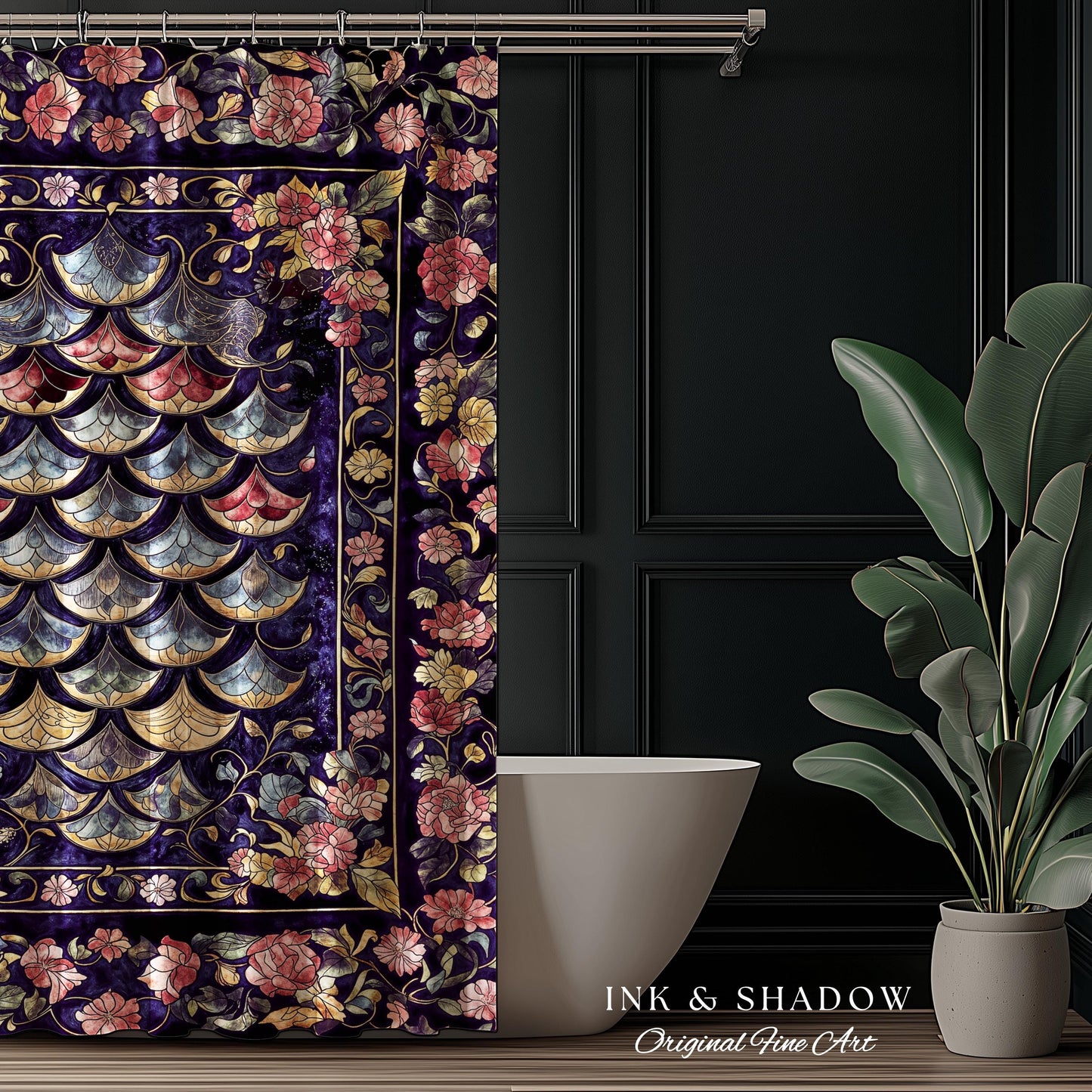 Princesscore Royal Ornate Shower Curtain | Whimsical Floral Fairytale Bathroom Dark Storybook Fairytale Dragon Scale Medieval Folklore Art