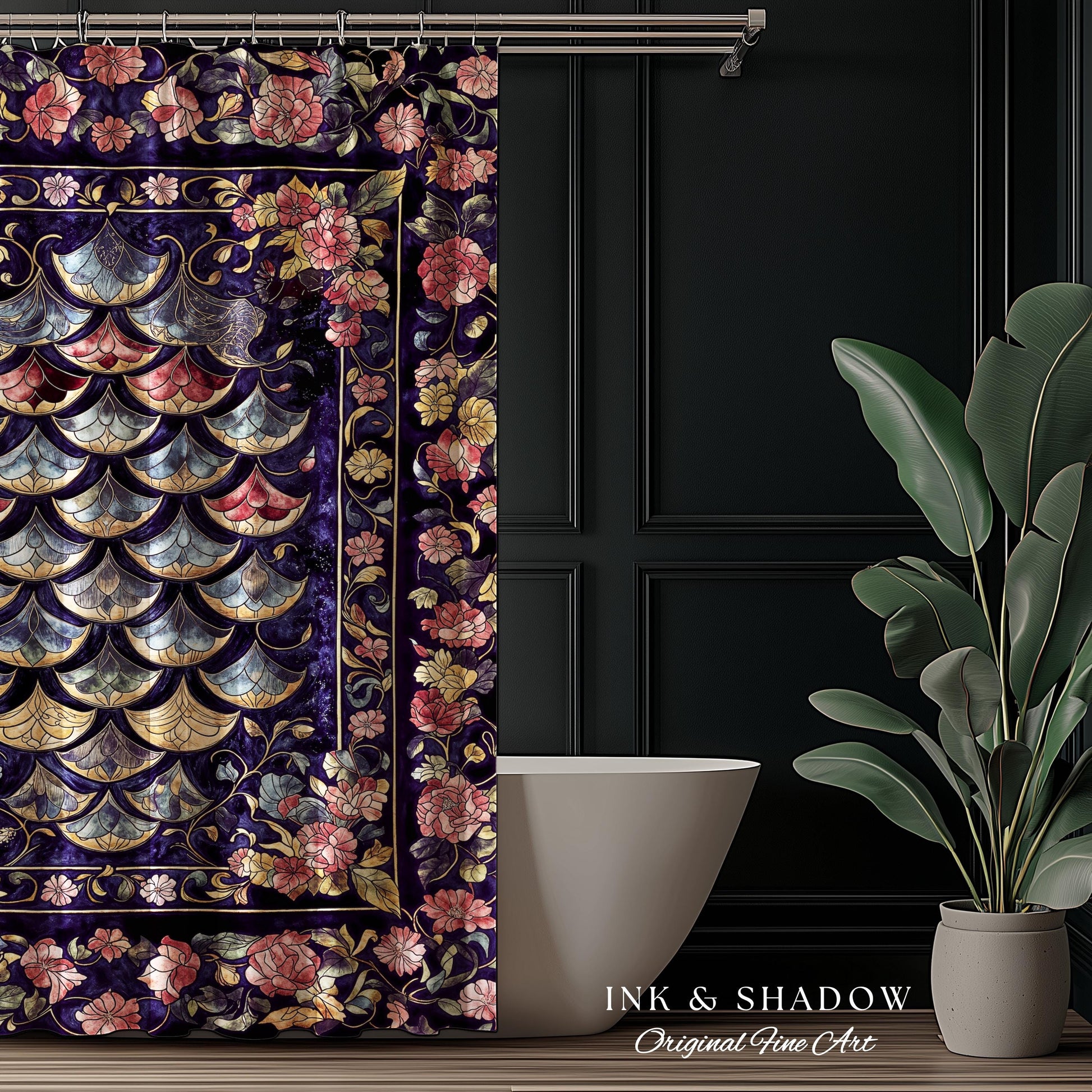 Princesscore Royal Ornate Shower Curtain | Whimsical Floral Fairytale Bathroom Dark Storybook Fairytale Dragon Scale Medieval Folklore Art