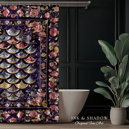 Princesscore Royal Ornate Shower Curtain | Whimsical Floral Fairytale Bathroom Dark Storybook Fairytale Dragon Scale Medieval Folklore Art