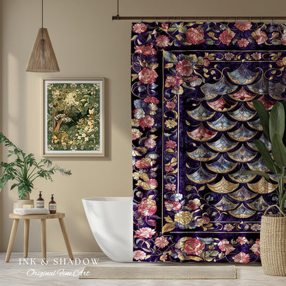 Princesscore Royal Ornate Shower Curtain | Whimsical Floral Fairytale Bathroom Dark Storybook Fairytale Dragon Scale Medieval Folklore Art