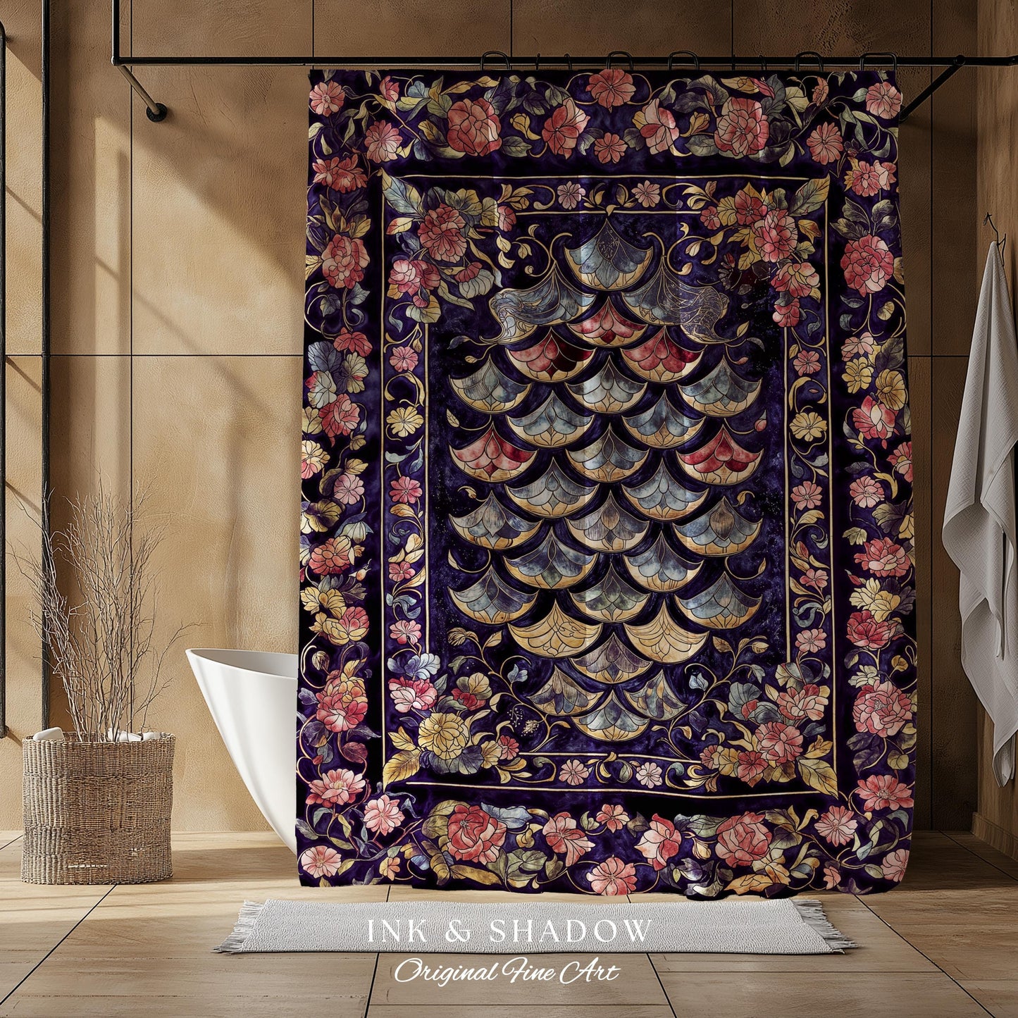 Princesscore Royal Ornate Shower Curtain | Whimsical Floral Fairytale Bathroom Dark Storybook Fairytale Dragon Scale Medieval Folklore Art