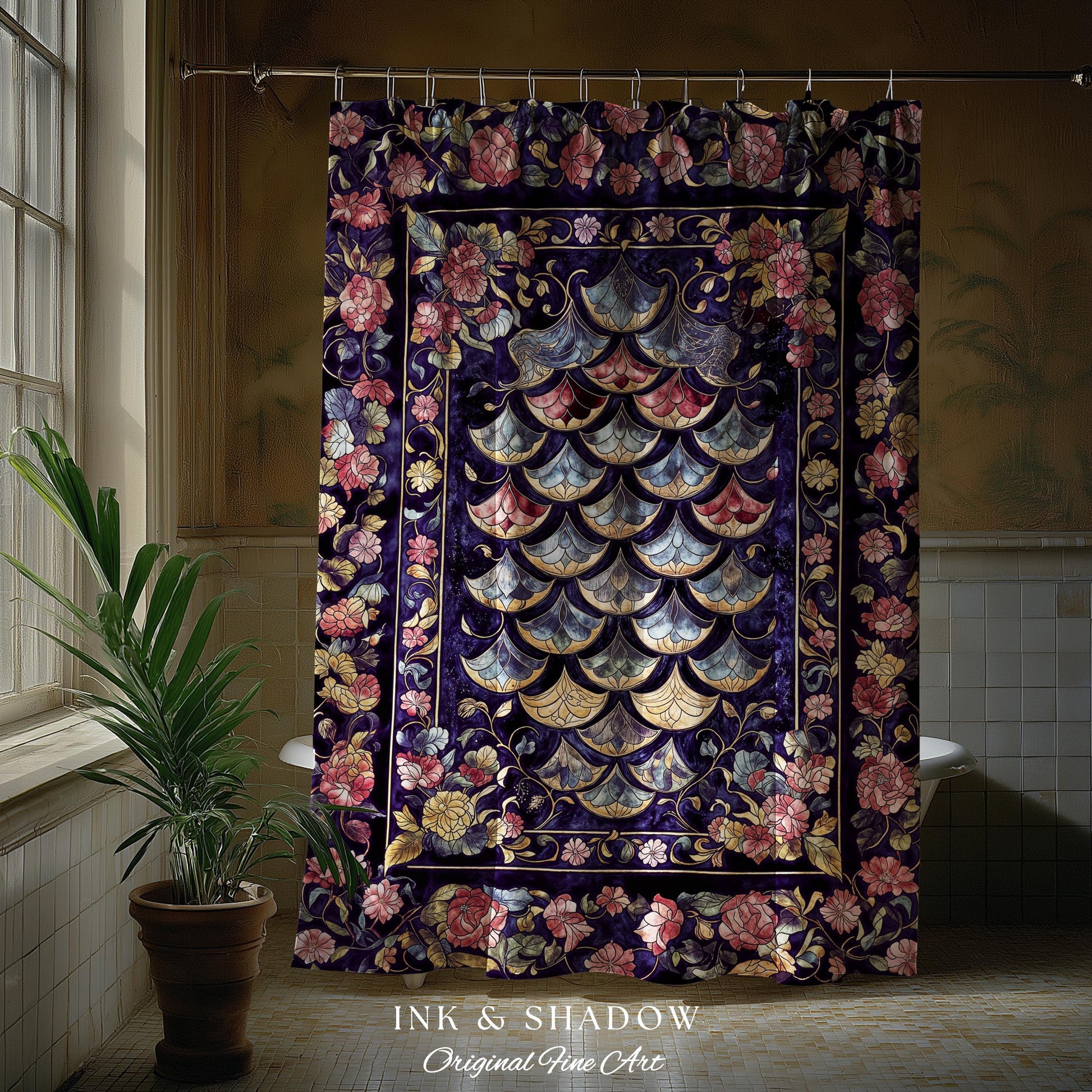 Princesscore Royal Ornate Shower Curtain | Whimsical Floral Fairytale Bathroom Dark Storybook Fairytale Dragon Scale Medieval Folklore Art