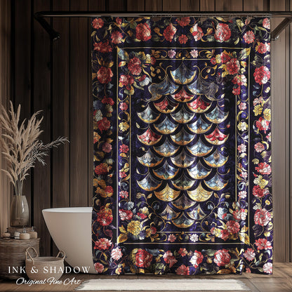 Princesscore Royal Ornate Shower Curtain | Whimsical Floral Fairytale Bathroom Dark Storybook Fairytale Dragon Scale Medieval Folklore Art