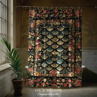 Floral Fantasy Fairytale Cozy Bathroom Shower Curtain | Ethereal Flowers Medieval Aesthetic Decorative Woven Tapestry Fairycore Princess |