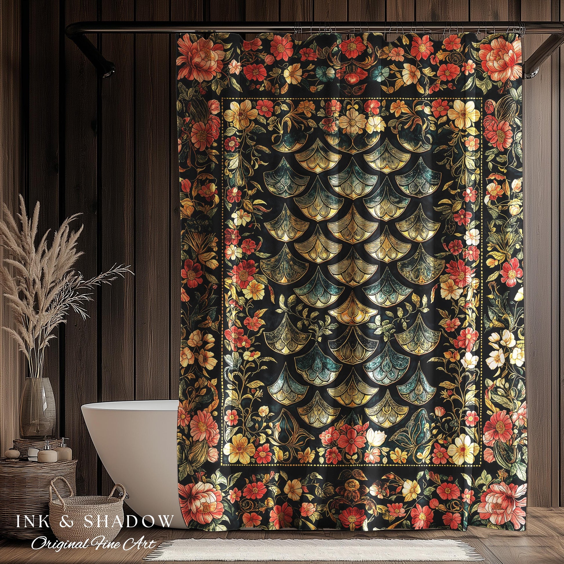 Floral Fantasy Fairytale Cozy Bathroom Shower Curtain | Ethereal Flowers Medieval Aesthetic Decorative Woven Tapestry Fairycore Princess |