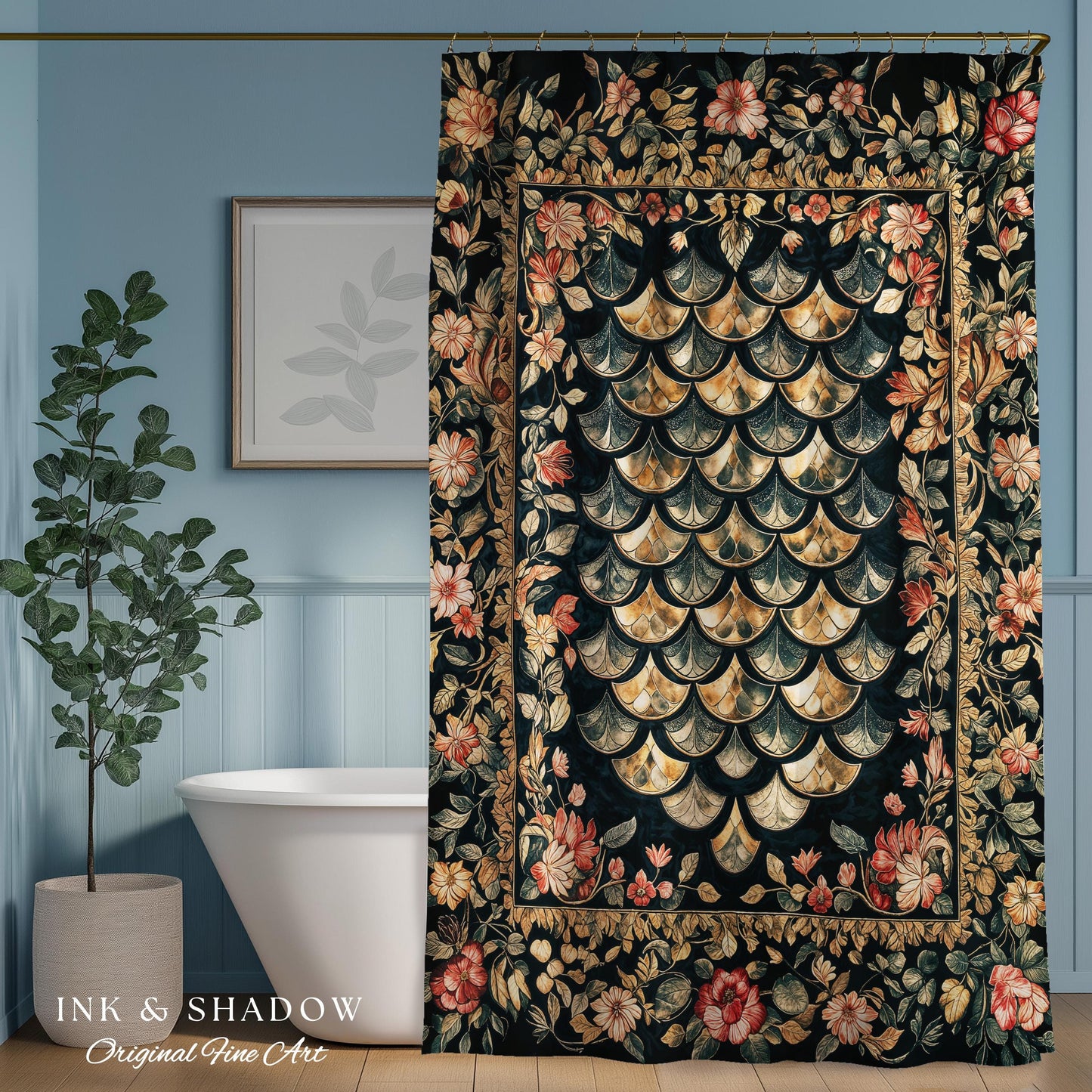 Dark Floral Nordic Inspired Shower Curtain | Pink Botanical Fairytale Bathroom Decor Woodland Ethereal Dragon Scales Medieval Aesthetic Art