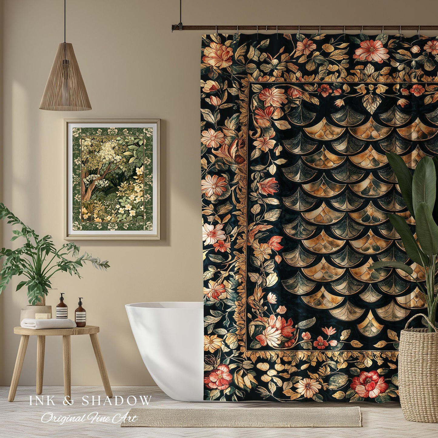 Dark Floral Nordic Inspired Shower Curtain | Pink Botanical Fairytale Bathroom Decor Woodland Ethereal Dragon Scales Medieval Aesthetic Art