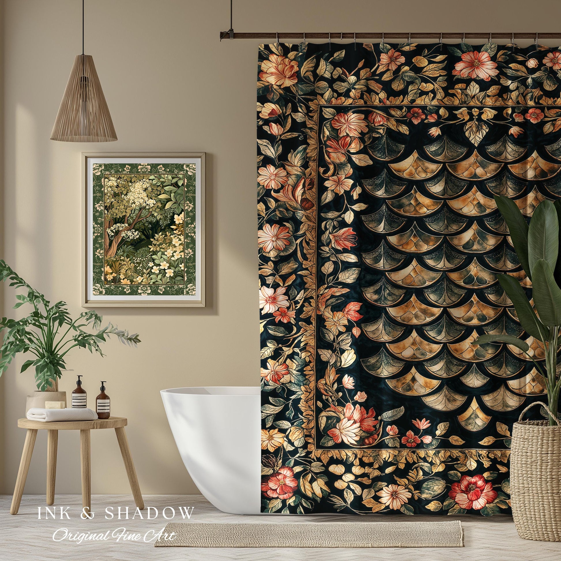 Dark Floral Nordic Inspired Shower Curtain | Pink Botanical Fairytale Bathroom Decor Woodland Ethereal Dragon Scales Medieval Aesthetic Art