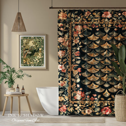Dark Floral Nordic Inspired Shower Curtain | Pink Botanical Fairytale Bathroom Decor Woodland Ethereal Dragon Scales Medieval Aesthetic Art