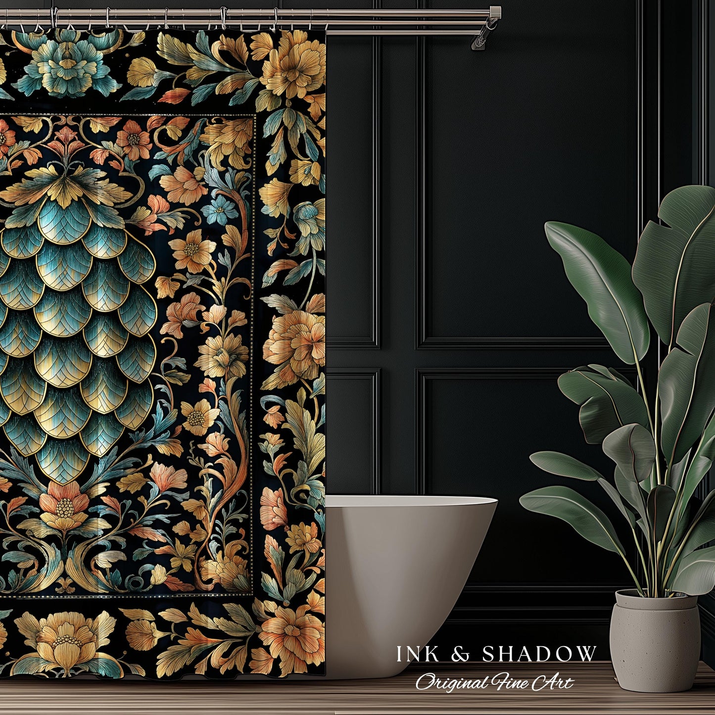 Elegant Botanical Mystic Bathroom Accent | Whimsical Ornate Dragon Scale Shower Curtain Fairytale Medieval Decorative Fairycore Fantasy |