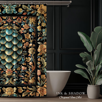 Elegant Botanical Mystic Bathroom Accent | Whimsical Ornate Dragon Scale Shower Curtain Fairytale Medieval Decorative Fairycore Fantasy |