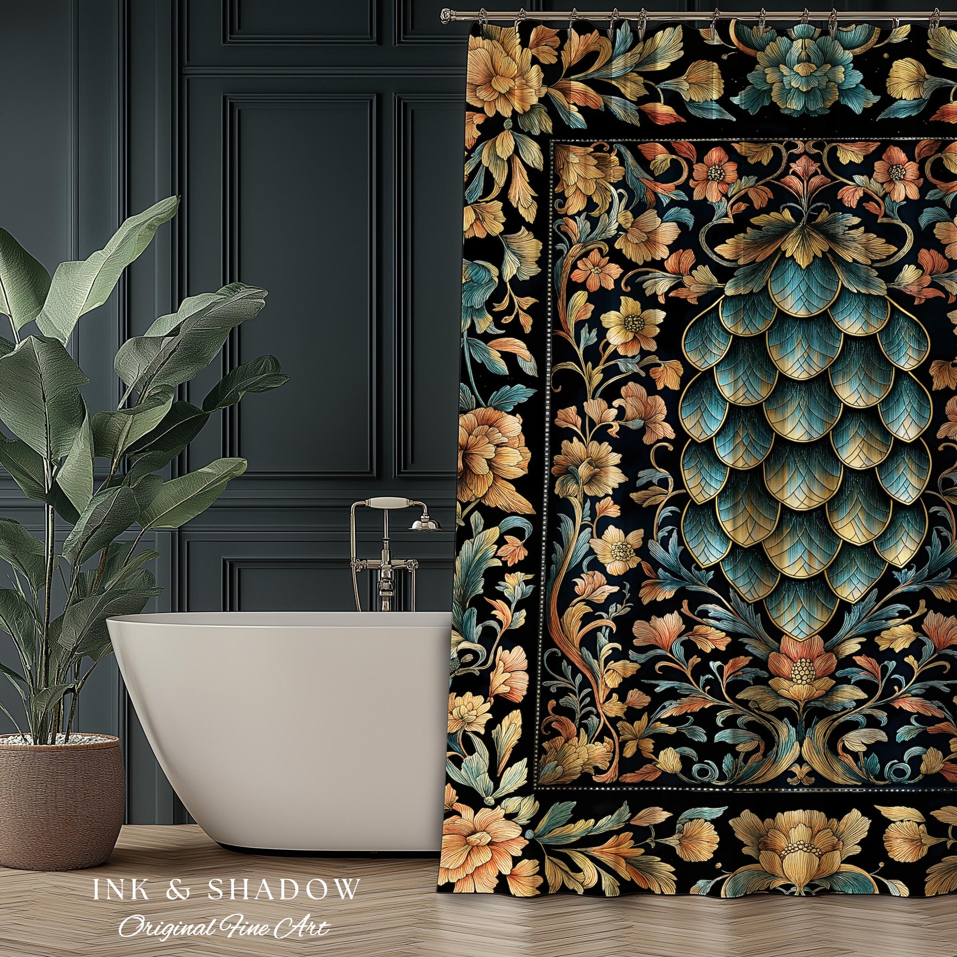 Elegant Botanical Mystic Bathroom Accent | Whimsical Ornate Dragon Scale Shower Curtain Fairytale Medieval Decorative Fairycore Fantasy |