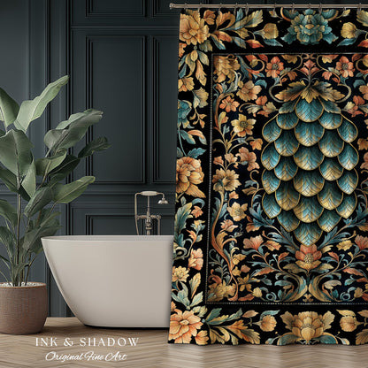 Elegant Botanical Mystic Bathroom Accent | Whimsical Ornate Dragon Scale Shower Curtain Fairytale Medieval Decorative Fairycore Fantasy |