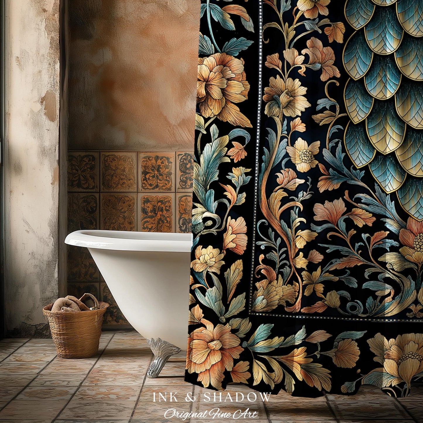 Elegant Botanical Mystic Bathroom Accent | Whimsical Ornate Dragon Scale Shower Curtain Fairytale Medieval Decorative Fairycore Fantasy |
