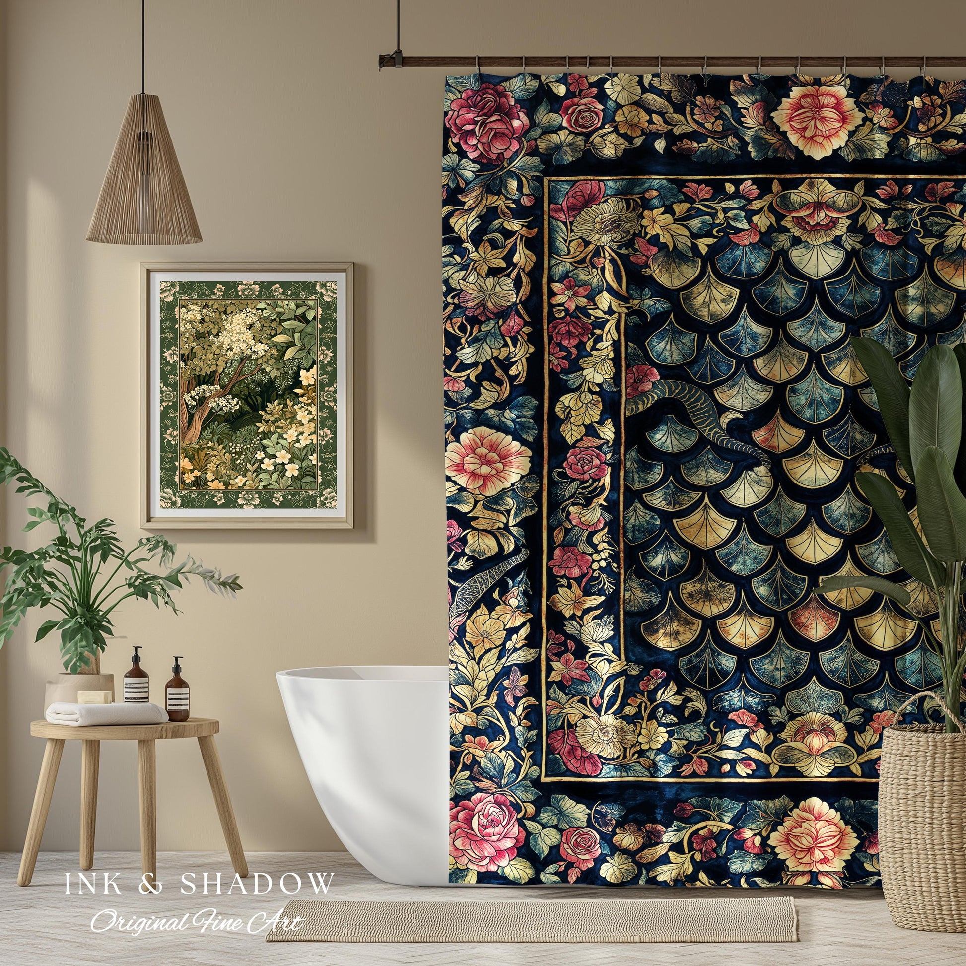 Baroque Elegance Whimsical Dragon Scale Shower Curtain | Moody Botanical Fantasy Themed Nordic Style Dark Academia Ornate Bathroom Medieval