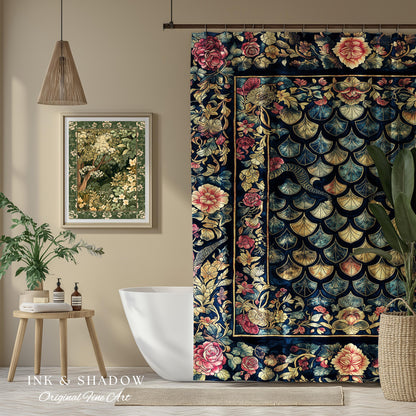 Baroque Elegance Whimsical Dragon Scale Shower Curtain | Moody Botanical Fantasy Themed Nordic Style Dark Academia Ornate Bathroom Medieval
