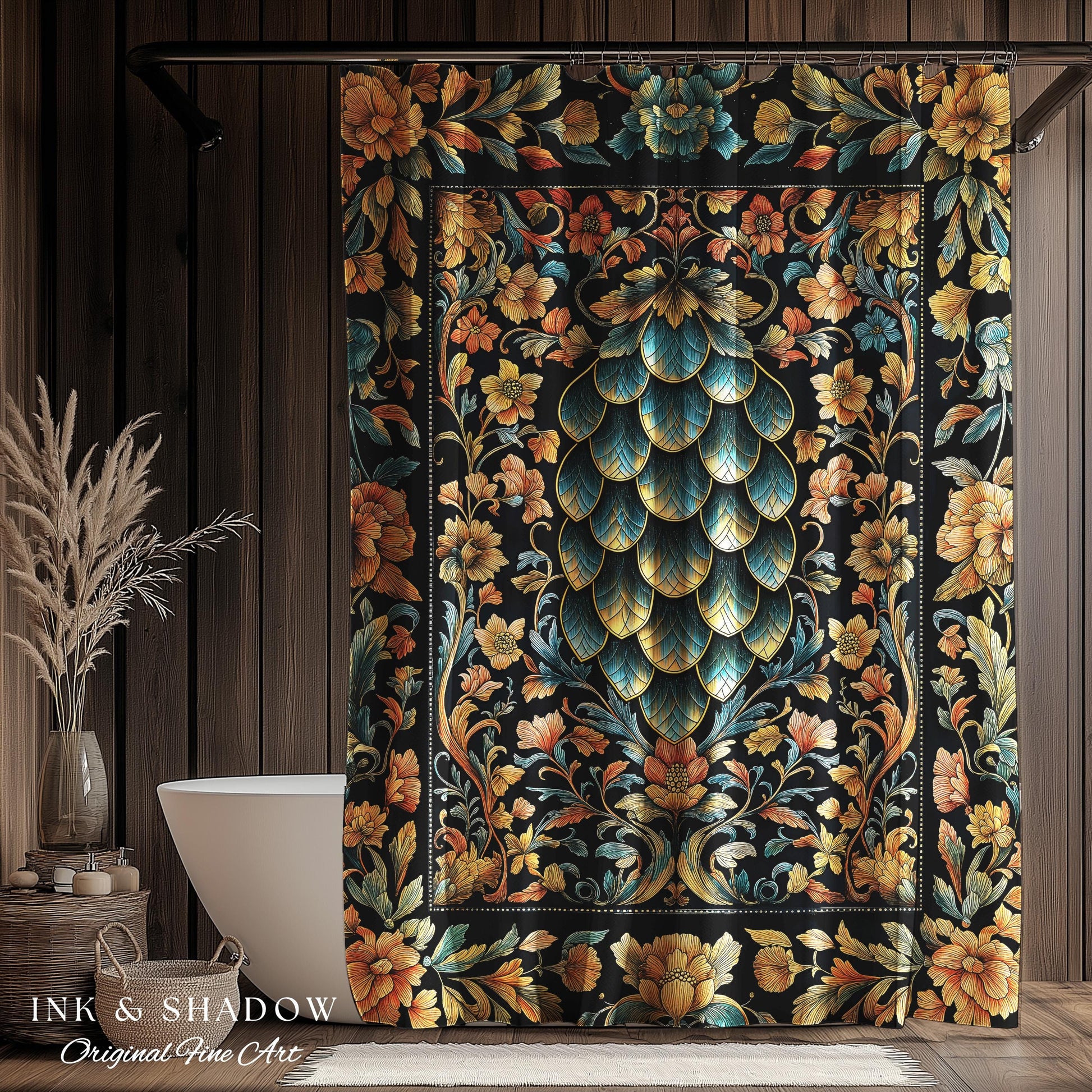 Elegant Botanical Mystic Bathroom Accent | Whimsical Ornate Dragon Scale Shower Curtain Fairytale Medieval Decorative Fairycore Fantasy |