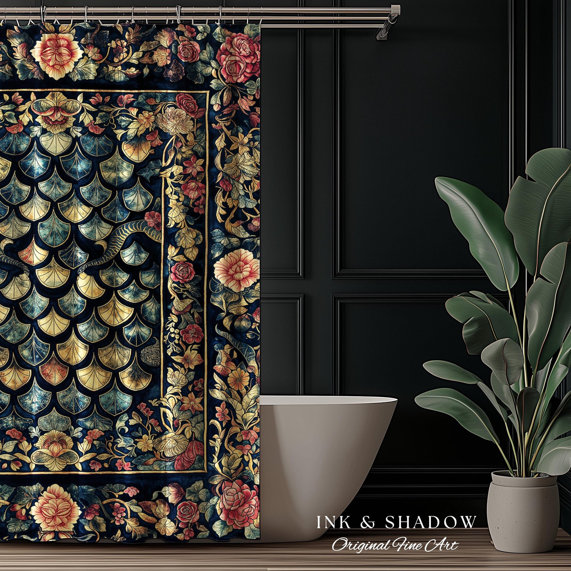 Baroque Elegance Whimsical Dragon Scale Shower Curtain | Moody Botanical Fantasy Themed Nordic Style Dark Academia Ornate Bathroom Medieval