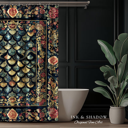 Baroque Elegance Whimsical Dragon Scale Shower Curtain | Moody Botanical Fantasy Themed Nordic Style Dark Academia Ornate Bathroom Medieval