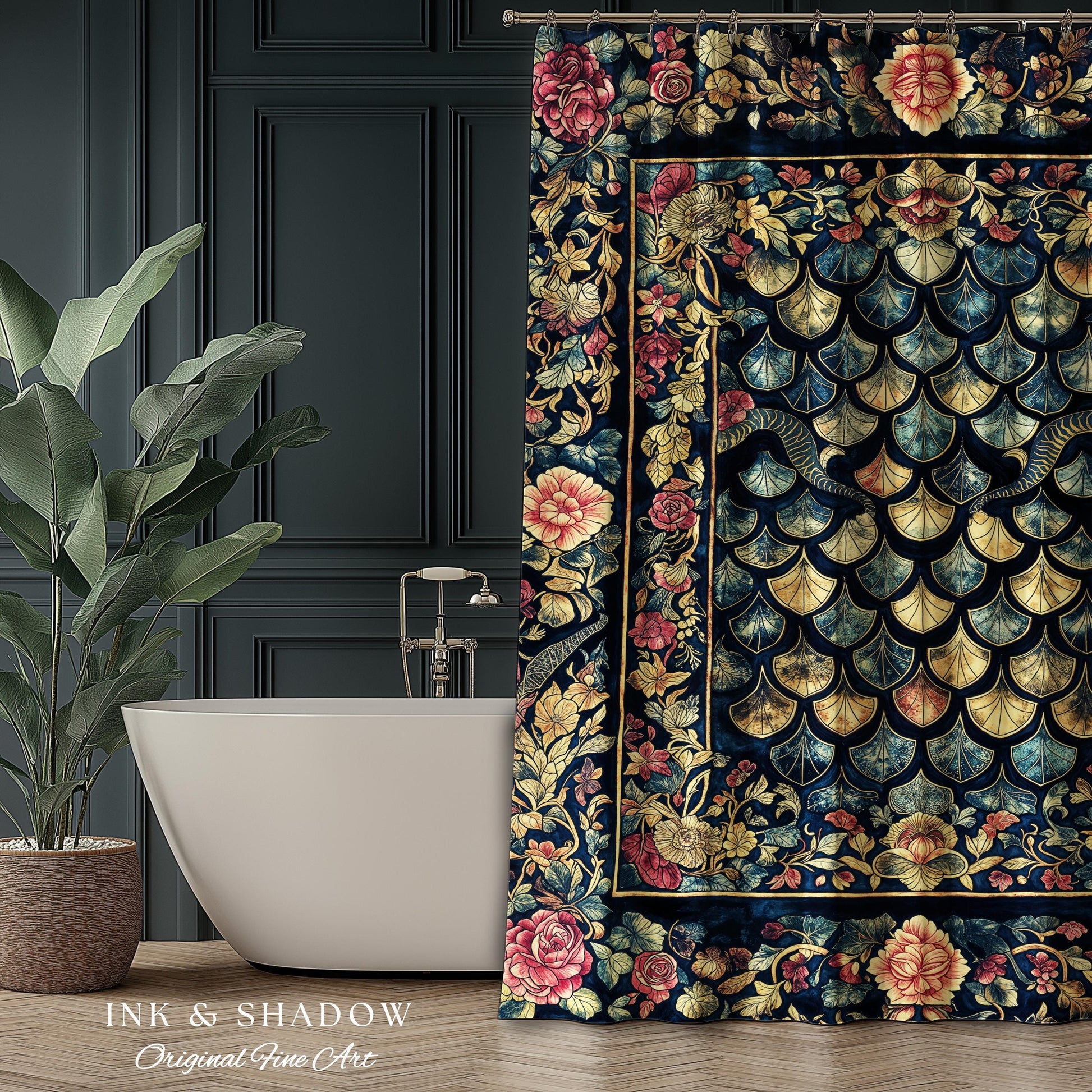 Baroque Elegance Whimsical Dragon Scale Shower Curtain | Moody Botanical Fantasy Themed Nordic Style Dark Academia Ornate Bathroom Medieval