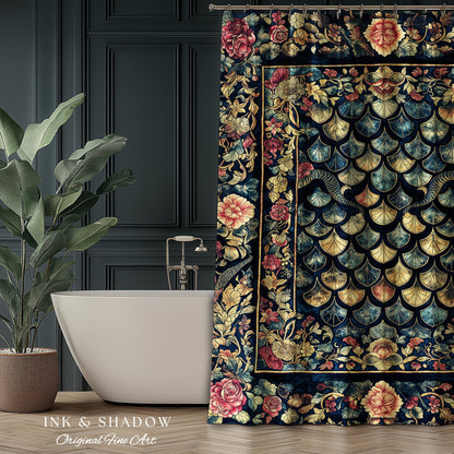 Baroque Elegance Whimsical Dragon Scale Shower Curtain | Moody Botanical Fantasy Themed Nordic Style Dark Academia Ornate Bathroom Medieval