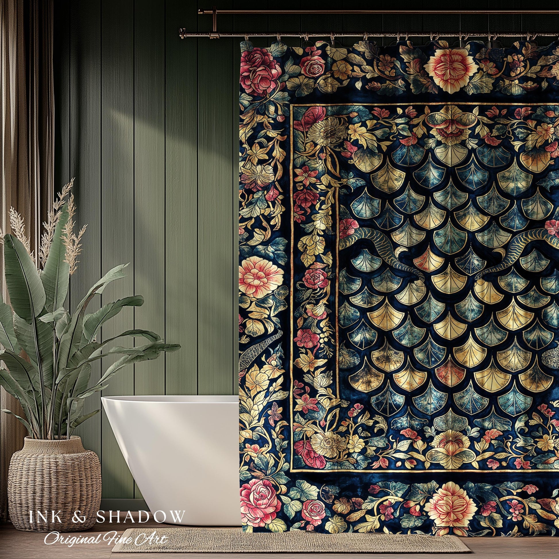 Baroque Elegance Whimsical Dragon Scale Shower Curtain | Moody Botanical Fantasy Themed Nordic Style Dark Academia Ornate Bathroom Medieval