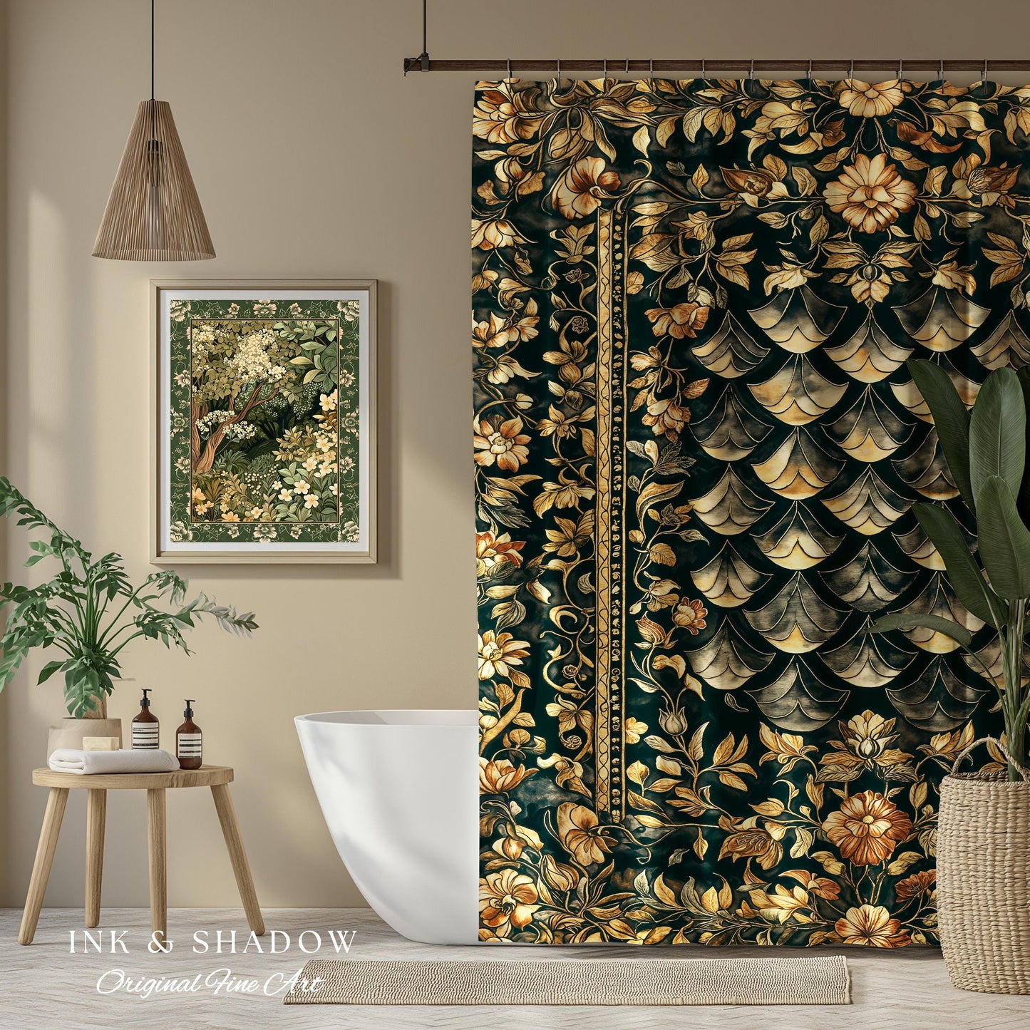 Gothic Dragon Scale Ornate Shower Curtain | Eclectic Dark Academia Bathroom accent Whimsical Moody Botanical Golden Aesthetic Fantasy Style
