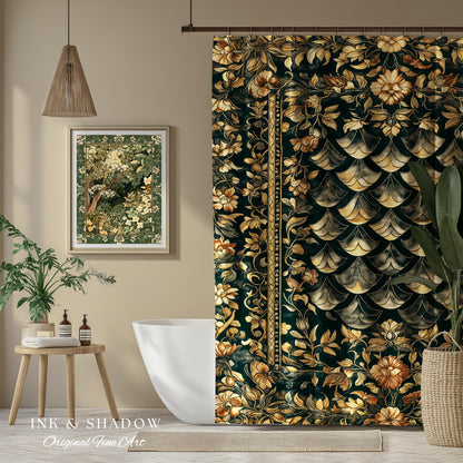 Gothic Dragon Scale Ornate Shower Curtain | Eclectic Dark Academia Bathroom accent Whimsical Moody Botanical Golden Aesthetic Fantasy Style