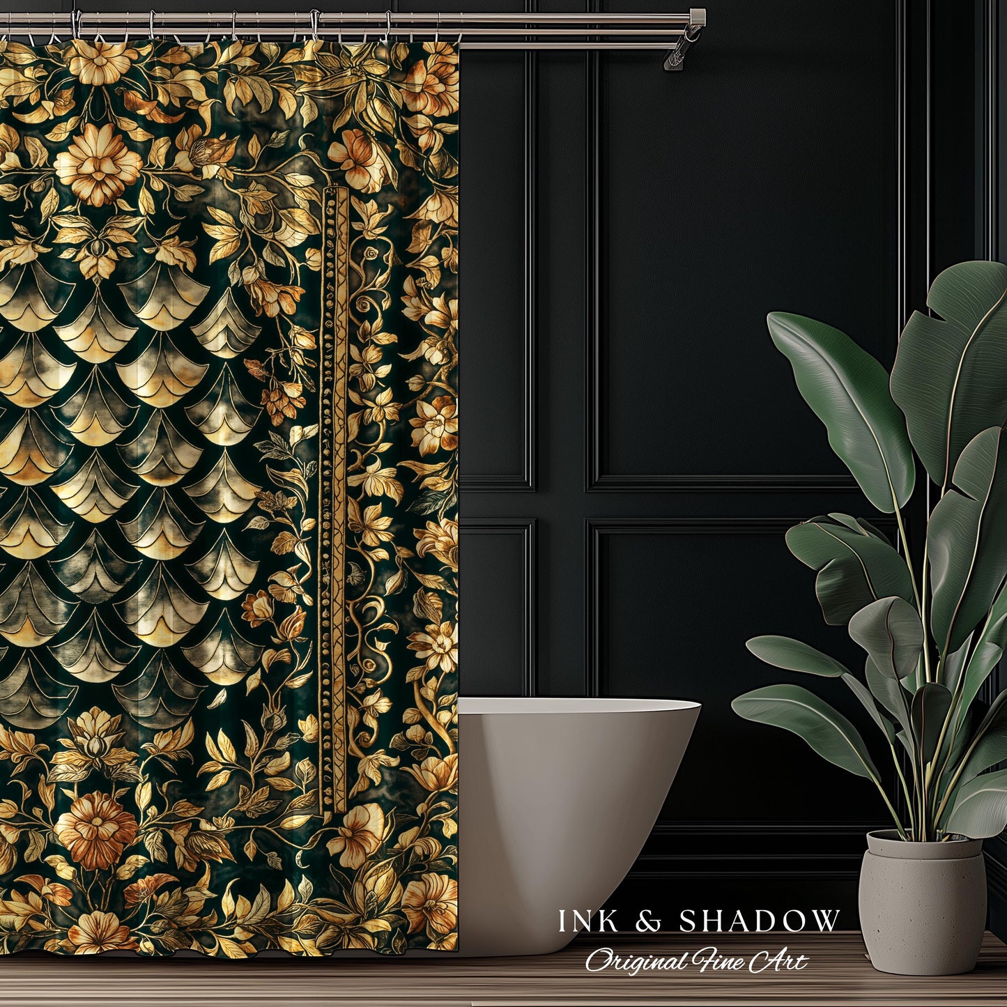 Gothic Dragon Scale Ornate Shower Curtain | Eclectic Dark Academia Bathroom accent Whimsical Moody Botanical Golden Aesthetic Fantasy Style