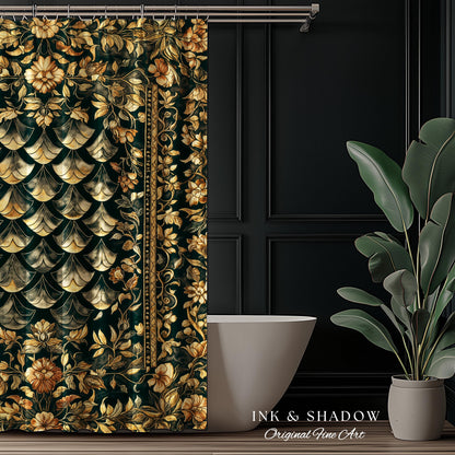Gothic Dragon Scale Ornate Shower Curtain | Eclectic Dark Academia Bathroom accent Whimsical Moody Botanical Golden Aesthetic Fantasy Style