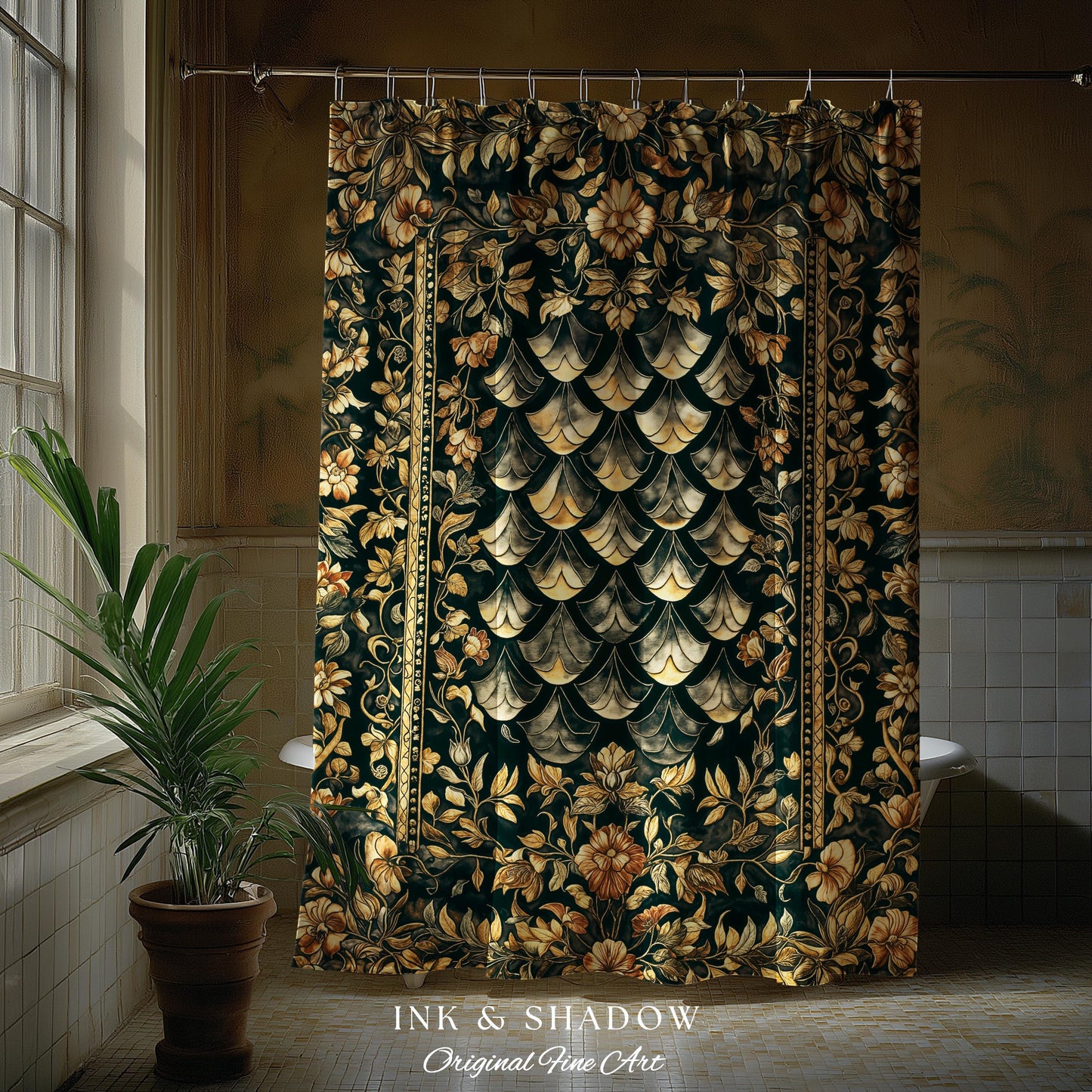Gothic Dragon Scale Ornate Shower Curtain | Eclectic Dark Academia Bathroom accent Whimsical Moody Botanical Golden Aesthetic Fantasy Style