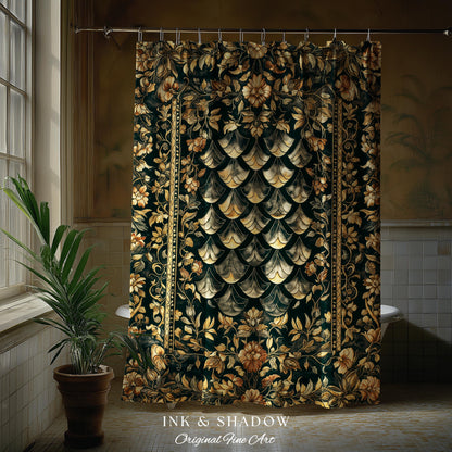 Gothic Dragon Scale Ornate Shower Curtain | Eclectic Dark Academia Bathroom accent Whimsical Moody Botanical Golden Aesthetic Fantasy Style