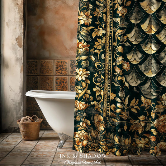 Gothic Dragon Scale Ornate Shower Curtain | Eclectic Dark Academia Bathroom accent Whimsical Moody Botanical Golden Aesthetic Fantasy Style
