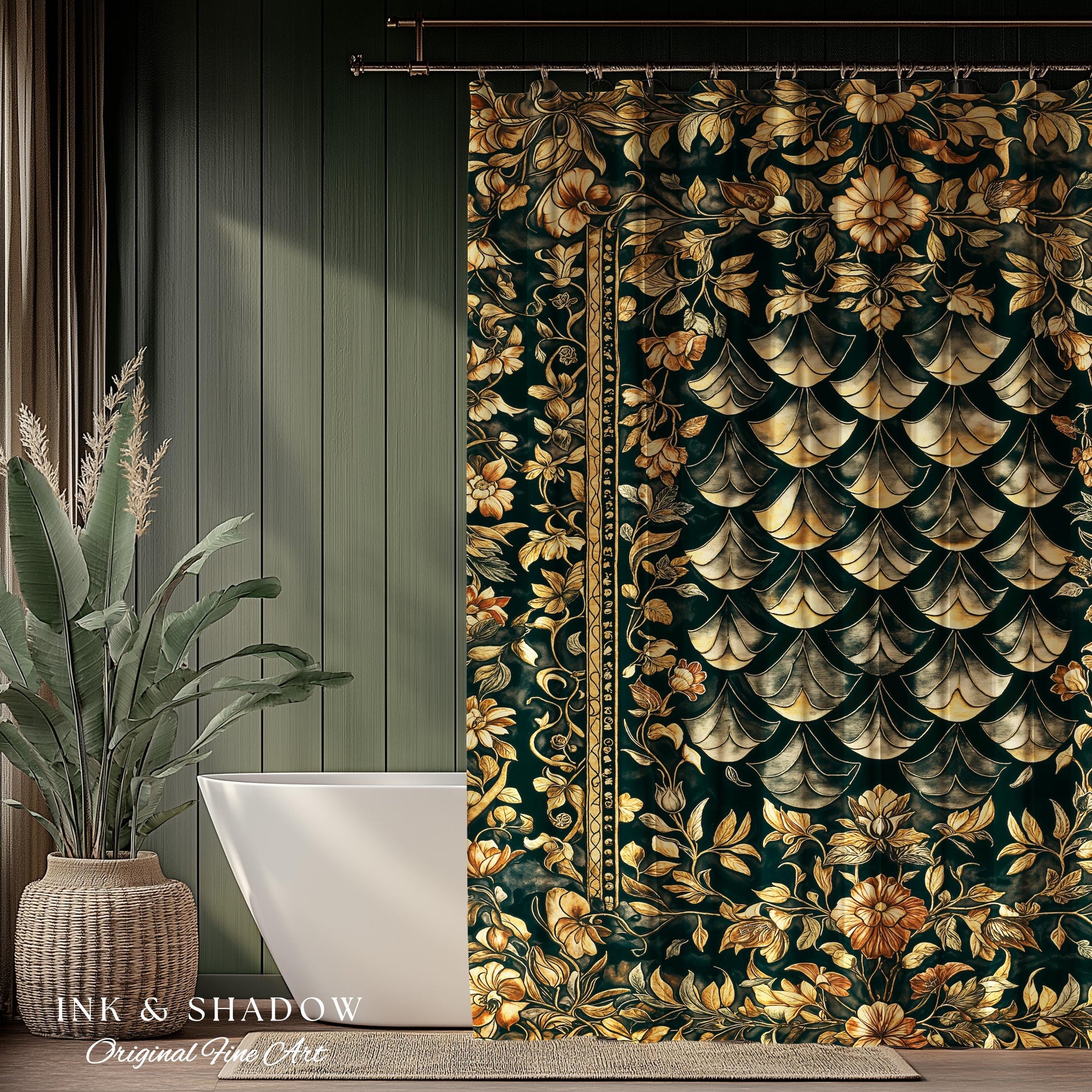 Gothic Dragon Scale Ornate Shower Curtain | Eclectic Dark Academia Bathroom accent Whimsical Moody Botanical Golden Aesthetic Fantasy Style