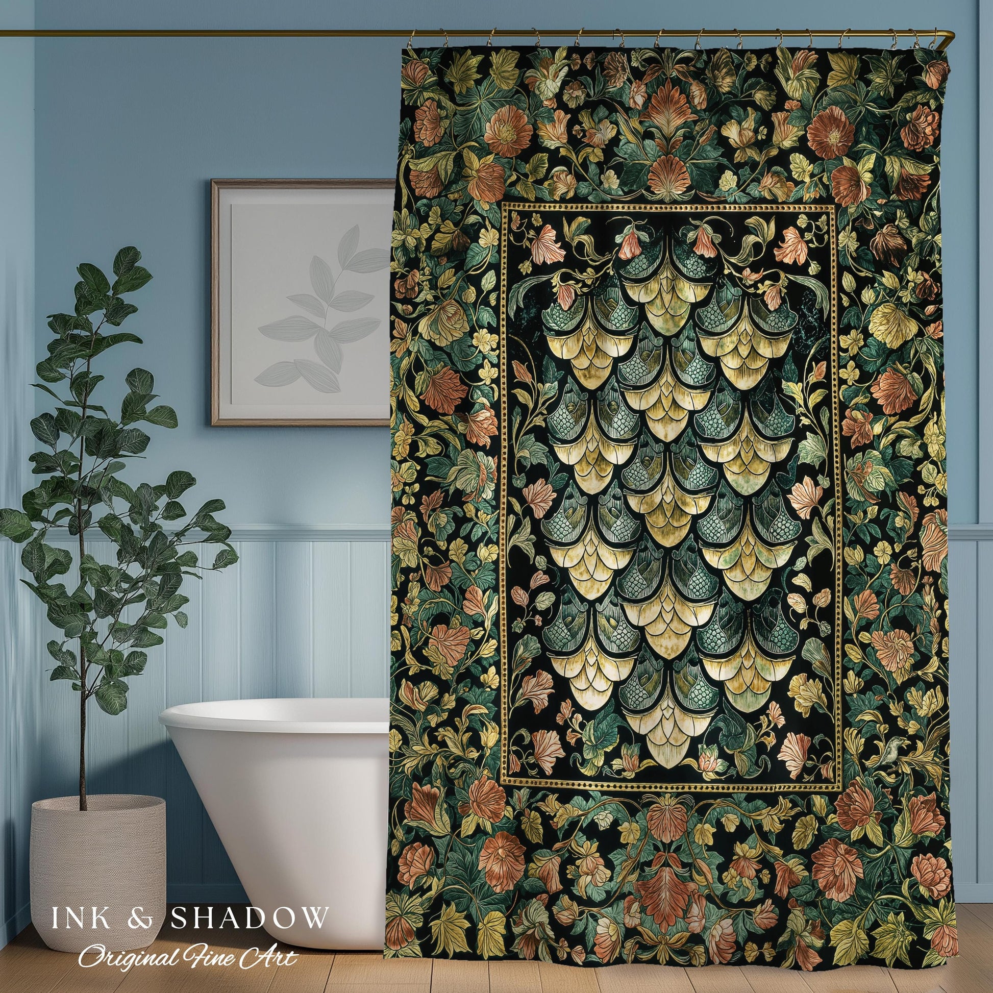 Moody Mysticism Dragon Scale Shower Curtain | Dark Cottagecore Magical Medieval Bathroom Ornate Victorian Fantasy Aesthetic Book Nook Style