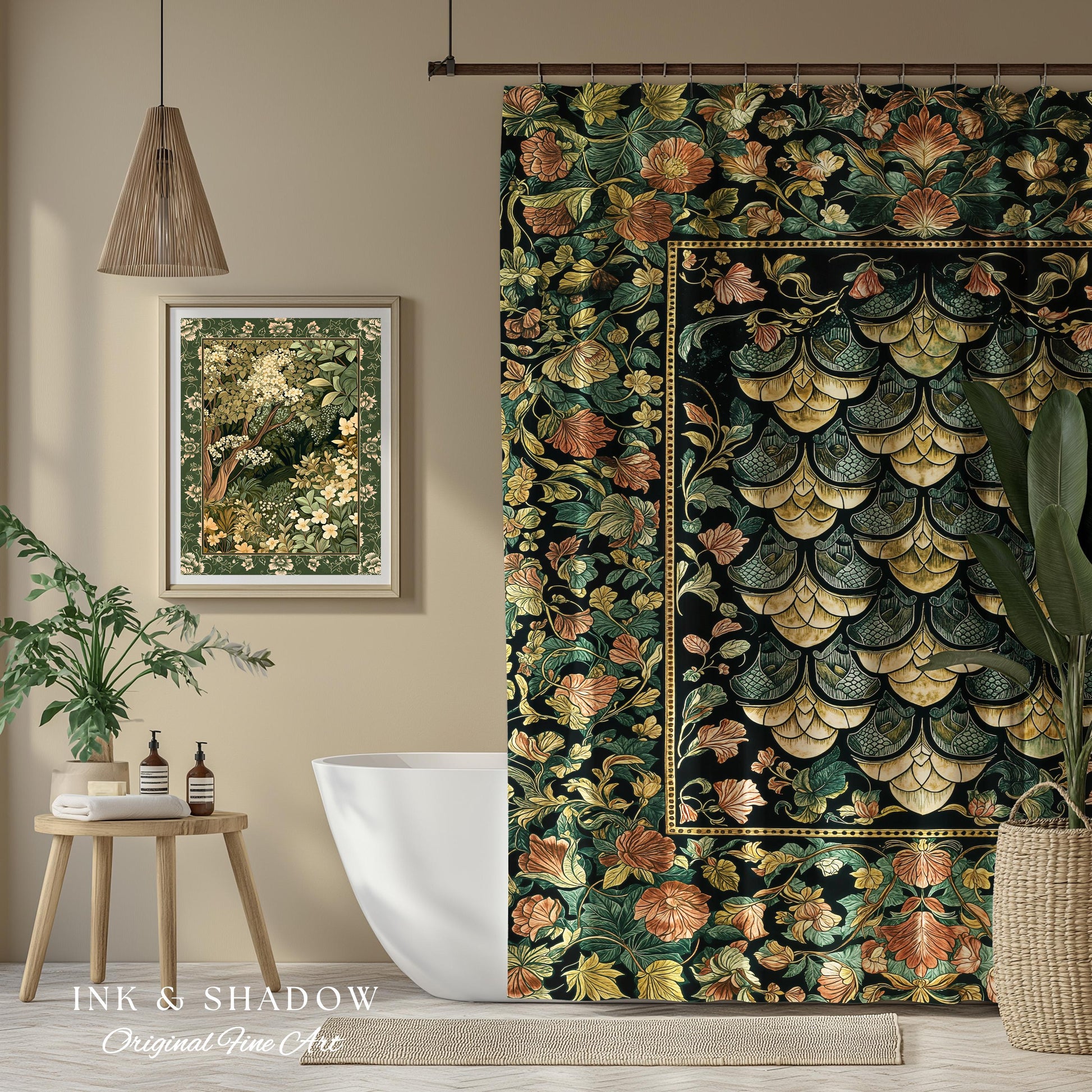 Moody Mysticism Dragon Scale Shower Curtain | Dark Cottagecore Magical Medieval Bathroom Ornate Victorian Fantasy Aesthetic Book Nook Style
