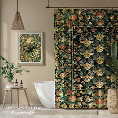 Moody Mysticism Dragon Scale Shower Curtain | Dark Cottagecore Magical Medieval Bathroom Ornate Victorian Fantasy Aesthetic Book Nook Style