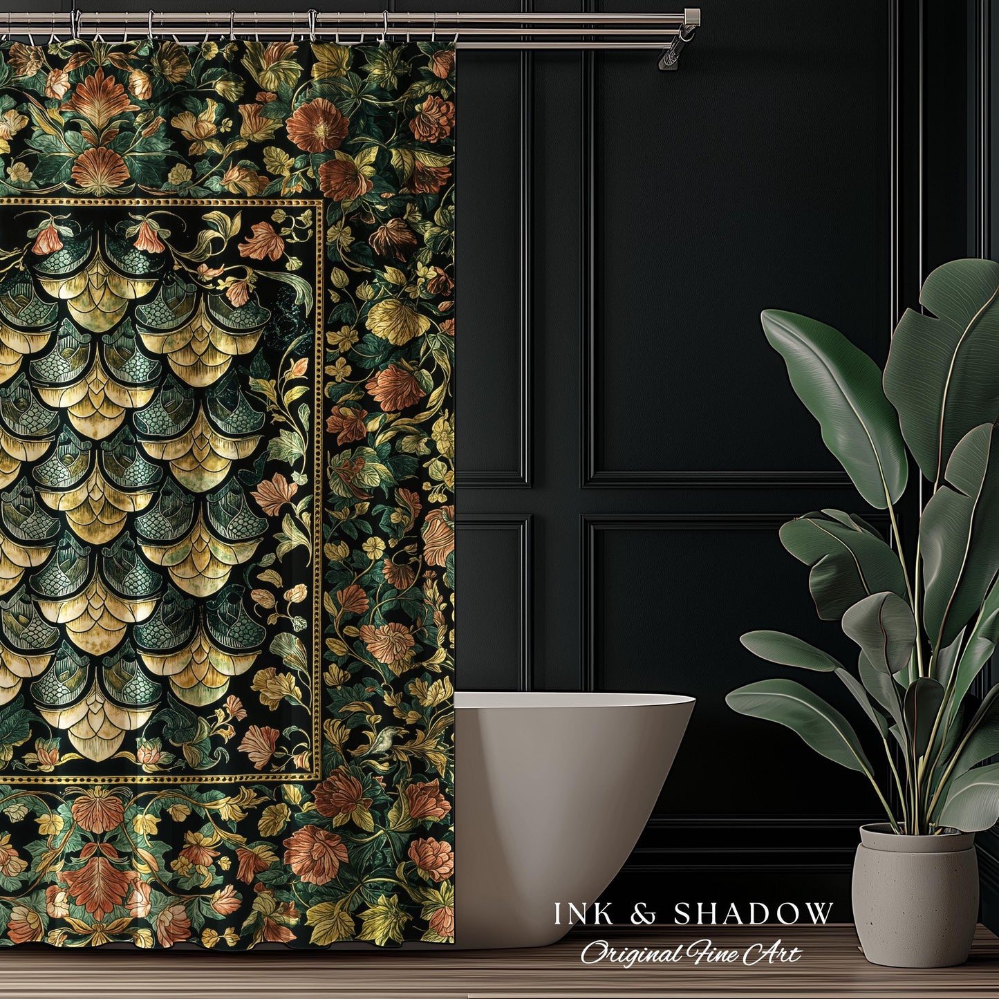 Moody Mysticism Dragon Scale Shower Curtain | Dark Cottagecore Magical Medieval Bathroom Ornate Victorian Fantasy Aesthetic Book Nook Style