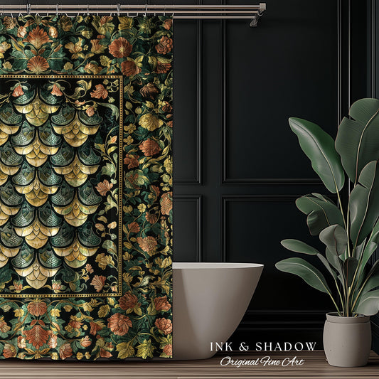 Moody Mysticism Dragon Scale Shower Curtain | Dark Cottagecore Magical Medieval Bathroom Ornate Victorian Fantasy Aesthetic Book Nook Style