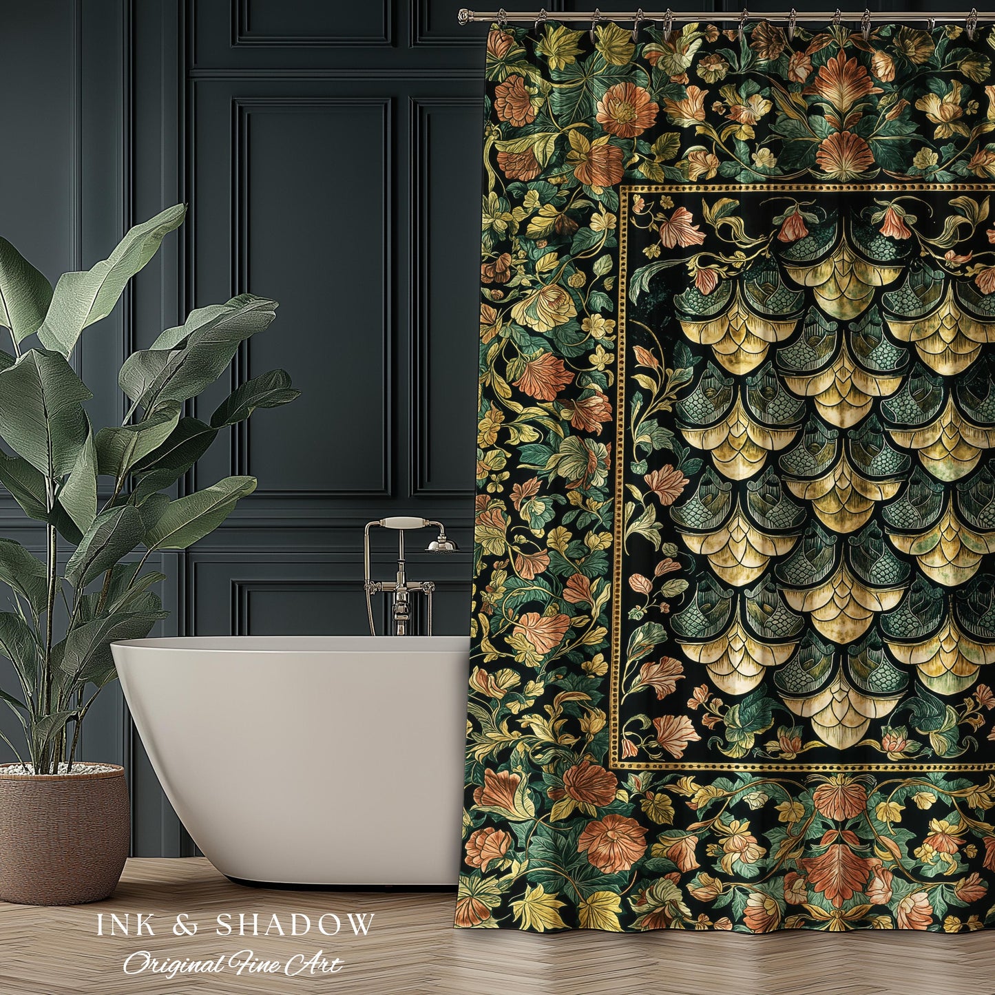 Moody Mysticism Dragon Scale Shower Curtain | Dark Cottagecore Magical Medieval Bathroom Ornate Victorian Fantasy Aesthetic Book Nook Style