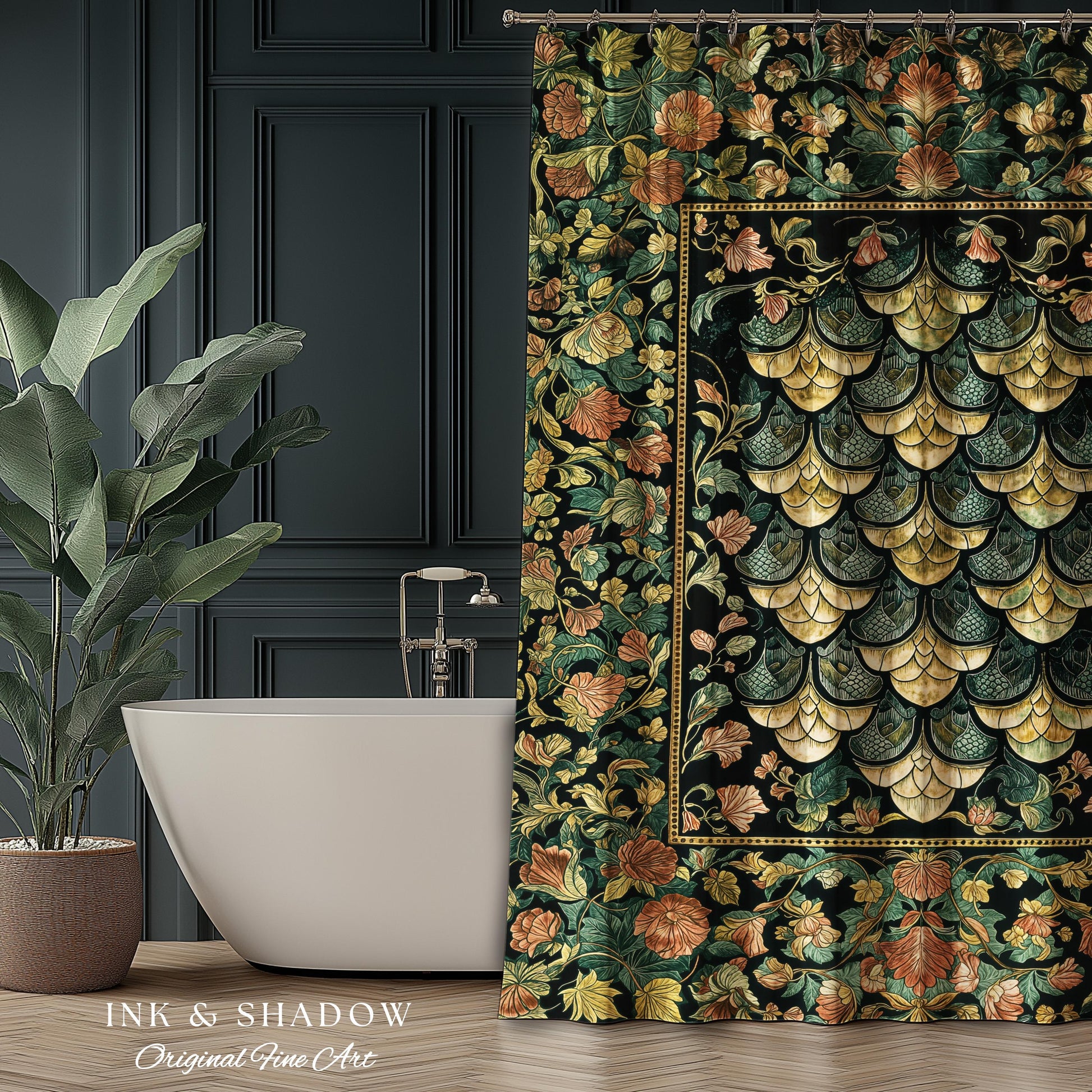 Moody Mysticism Dragon Scale Shower Curtain | Dark Cottagecore Magical Medieval Bathroom Ornate Victorian Fantasy Aesthetic Book Nook Style