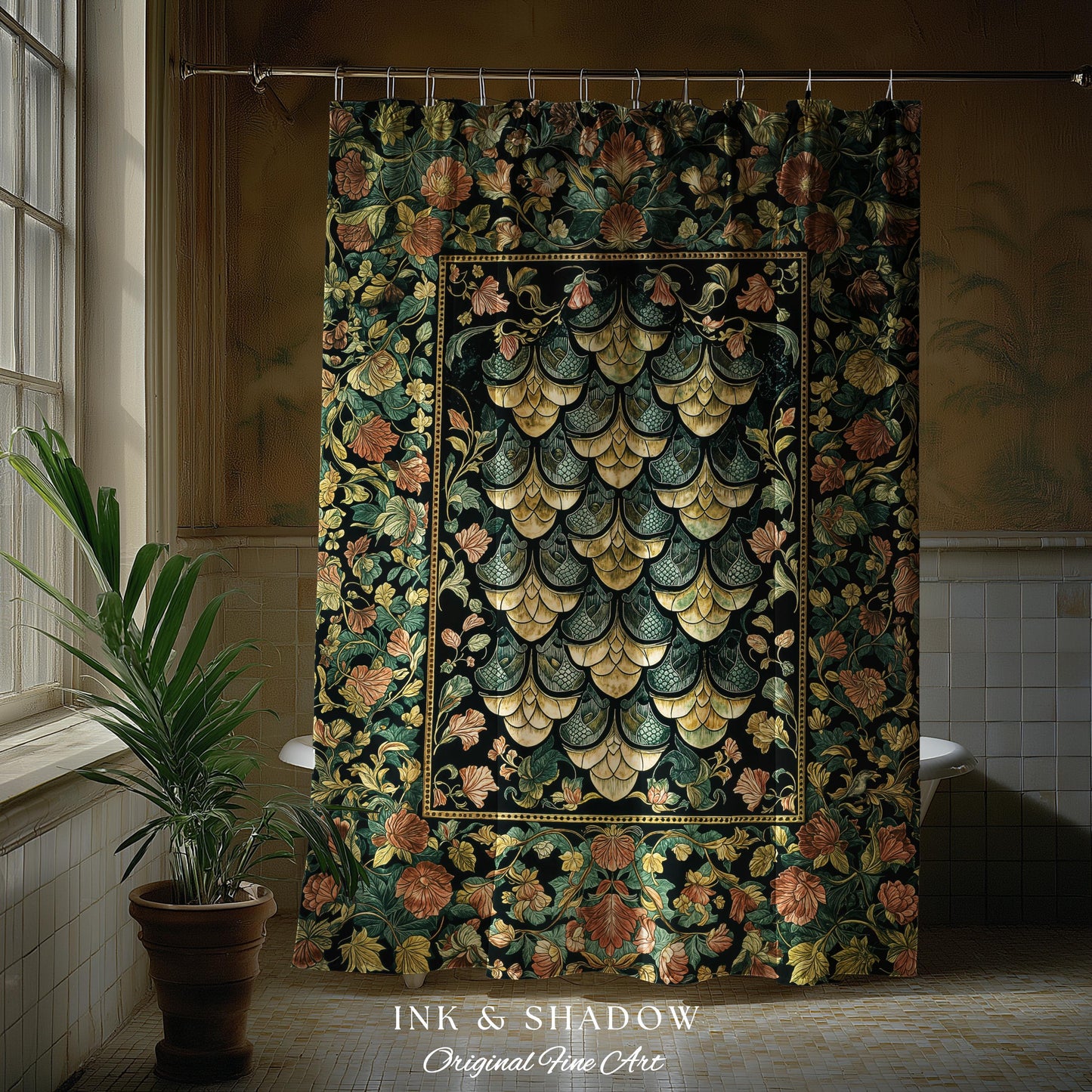 Moody Mysticism Dragon Scale Shower Curtain | Dark Cottagecore Magical Medieval Bathroom Ornate Victorian Fantasy Aesthetic Book Nook Style