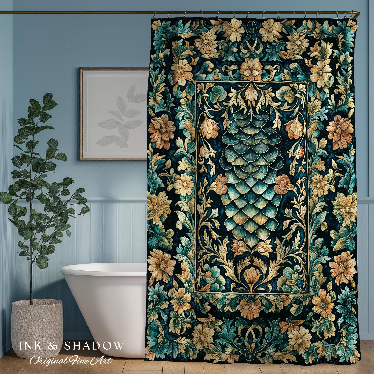 Flower Decorated Dragon Scale Shower Curtain | Nordic Style Dark Academia Fantasy Bathroom Medieval Home Accent Ornate Victorian Whimsy Goth