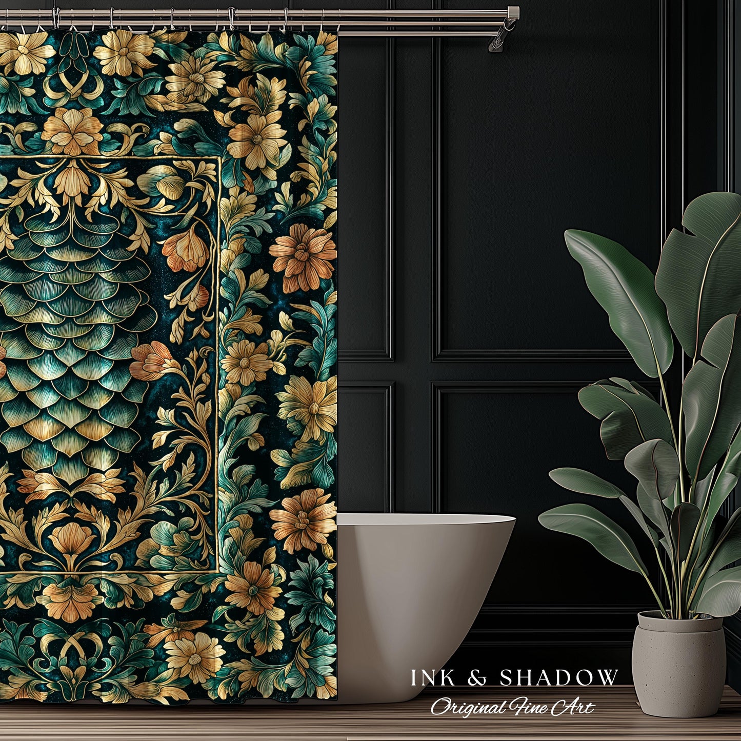 Flower Decorated Dragon Scale Shower Curtain | Nordic Style Dark Academia Fantasy Bathroom Medieval Home Accent Ornate Victorian Whimsy Goth