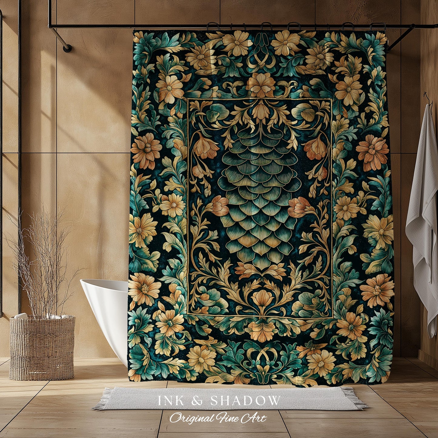 Flower Decorated Dragon Scale Shower Curtain | Nordic Style Dark Academia Fantasy Bathroom Medieval Home Accent Ornate Victorian Whimsy Goth