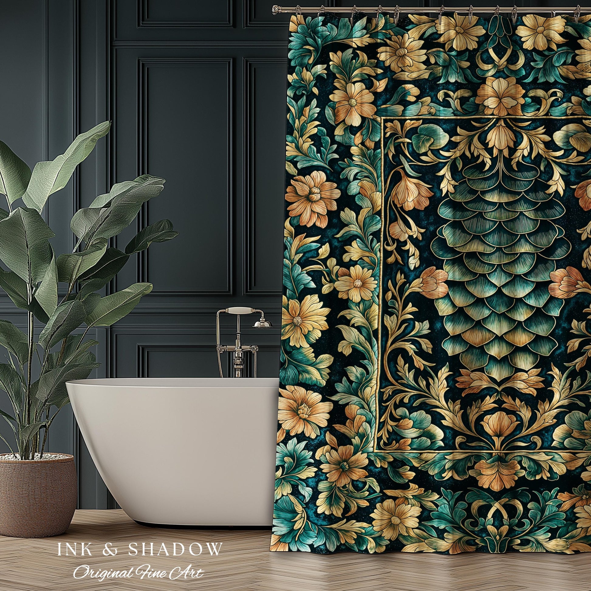 Flower Decorated Dragon Scale Shower Curtain | Nordic Style Dark Academia Fantasy Bathroom Medieval Home Accent Ornate Victorian Whimsy Goth