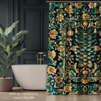 Flower Decorated Dragon Scale Shower Curtain | Nordic Style Dark Academia Fantasy Bathroom Medieval Home Accent Ornate Victorian Whimsy Goth