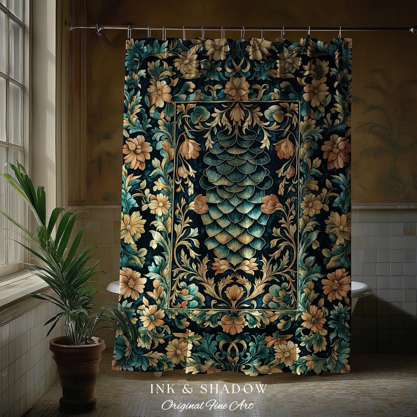 Flower Decorated Dragon Scale Shower Curtain | Nordic Style Dark Academia Fantasy Bathroom Medieval Home Accent Ornate Victorian Whimsy Goth