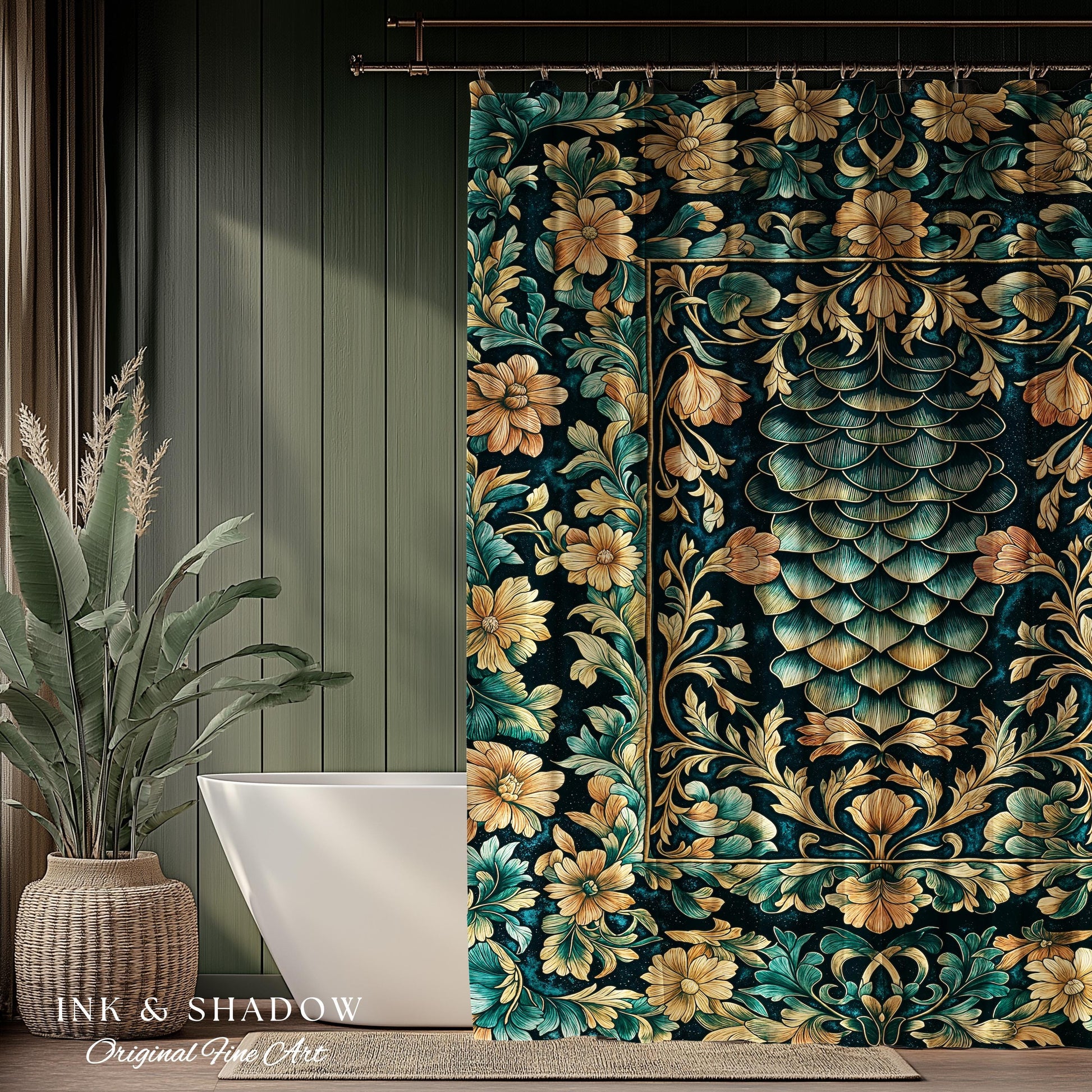 Flower Decorated Dragon Scale Shower Curtain | Nordic Style Dark Academia Fantasy Bathroom Medieval Home Accent Ornate Victorian Whimsy Goth