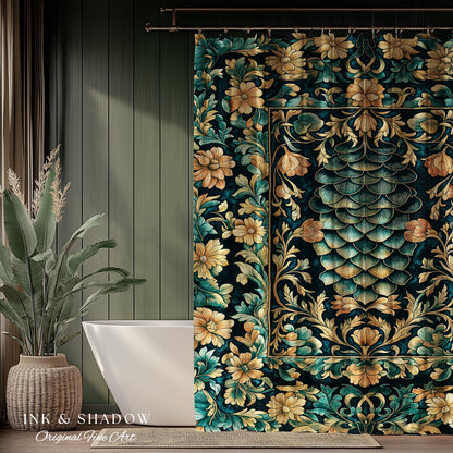 Flower Decorated Dragon Scale Shower Curtain | Nordic Style Dark Academia Fantasy Bathroom Medieval Home Accent Ornate Victorian Whimsy Goth